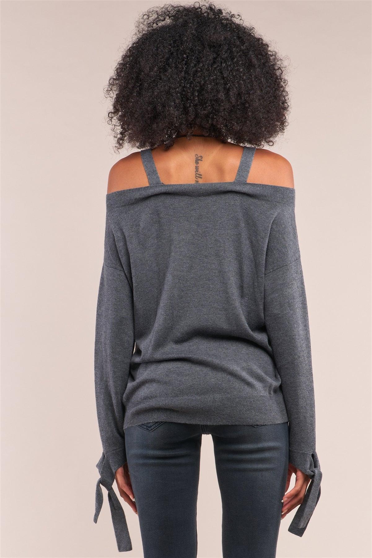 Grey Off-The-Shoulder Heart Neckline Long Sleeve Relaxed Fit Sweater /3-3