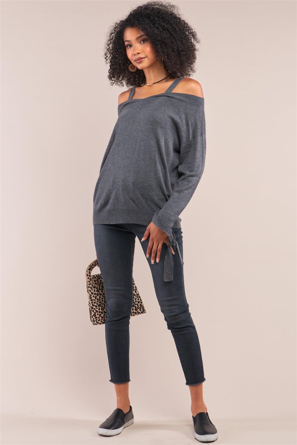 Grey Off-The-Shoulder Heart Neckline Long Sleeve Relaxed Fit Sweater /3-3