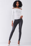 White Ribbed Off-The-Shoulder Printed Self-Tie Shoulder Strap Detail Long Sleeve Fitted Top /1-2-1