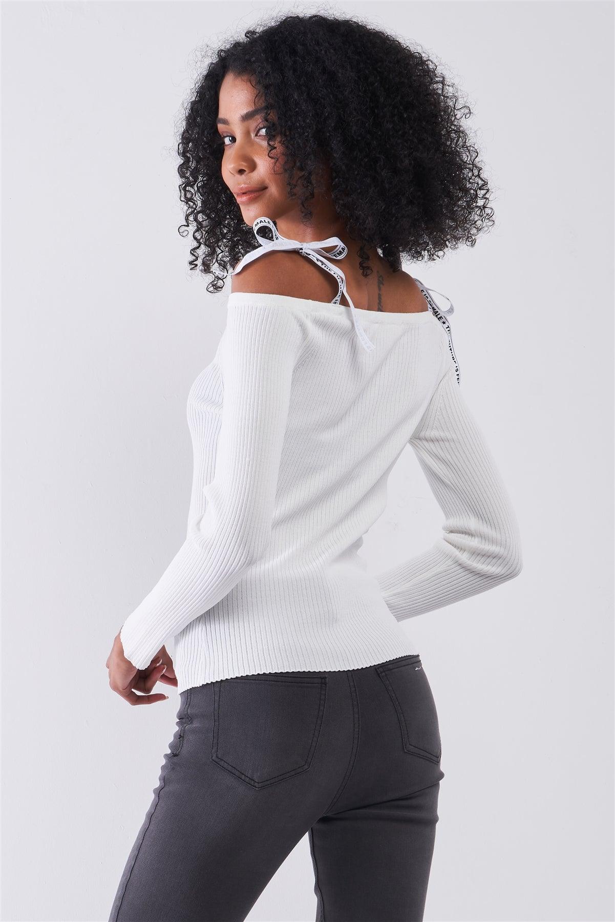 White Ribbed Off-The-Shoulder Printed Self-Tie Shoulder Strap Detail Long Sleeve Fitted Top /1-2-1