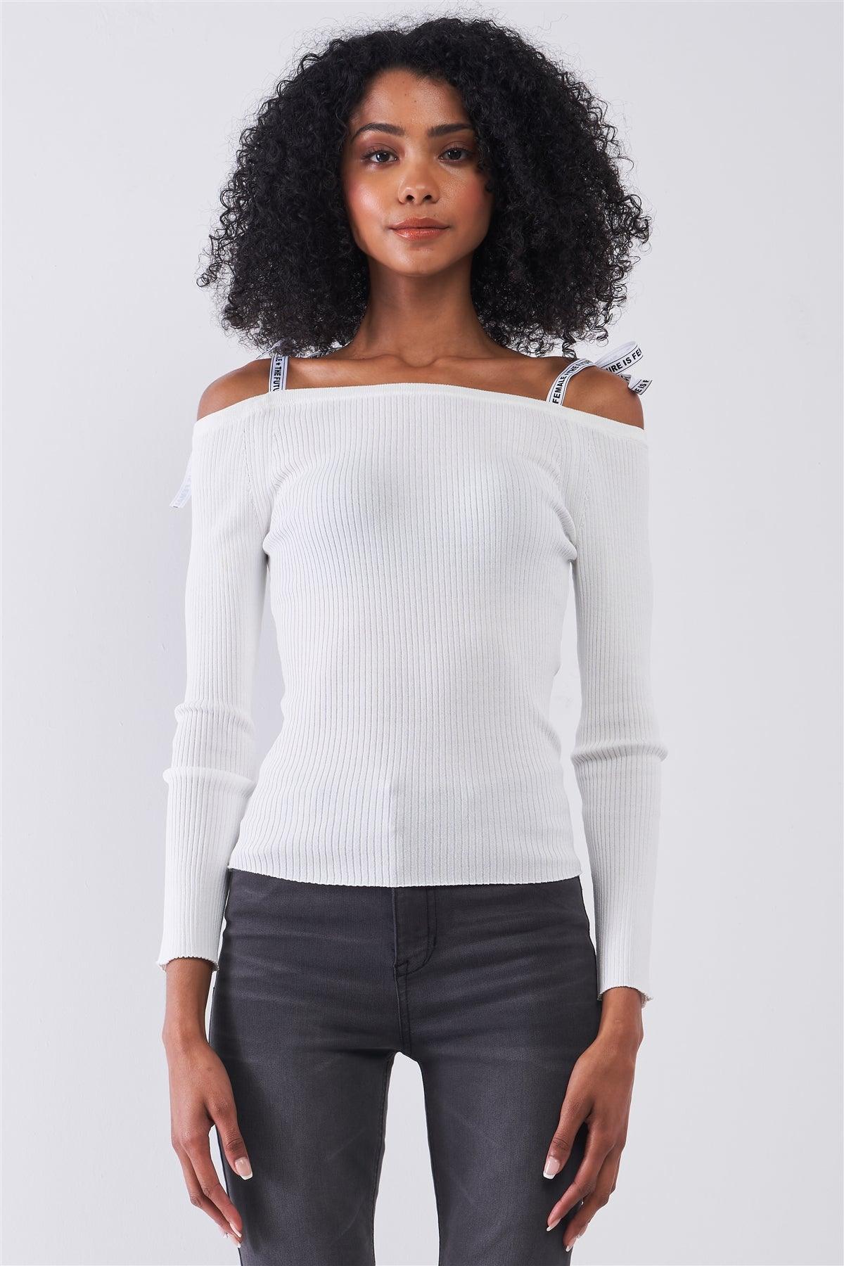 White Ribbed Off-The-Shoulder Printed Self-Tie Shoulder Strap Detail Long Sleeve Fitted Top /1-2-1