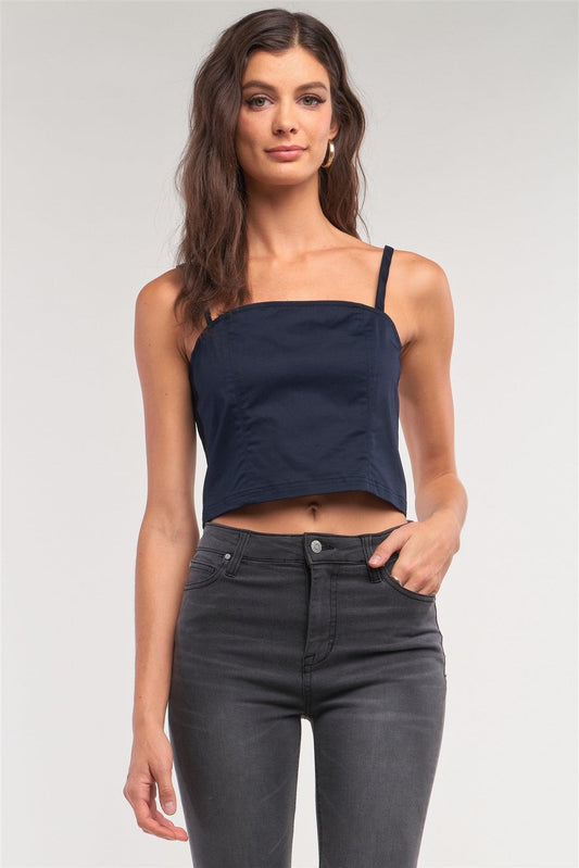 Navy Sleeveless Square Neck Back Zipper Closure Cropped Top /1-3-1