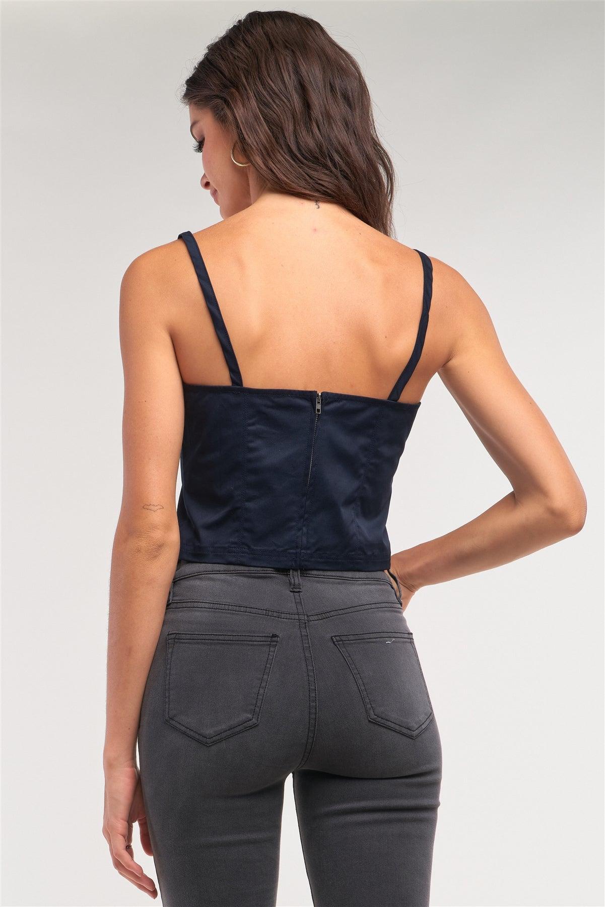 Navy Sleeveless Square Neck Back Zipper Closure Cropped Top /1-3-1