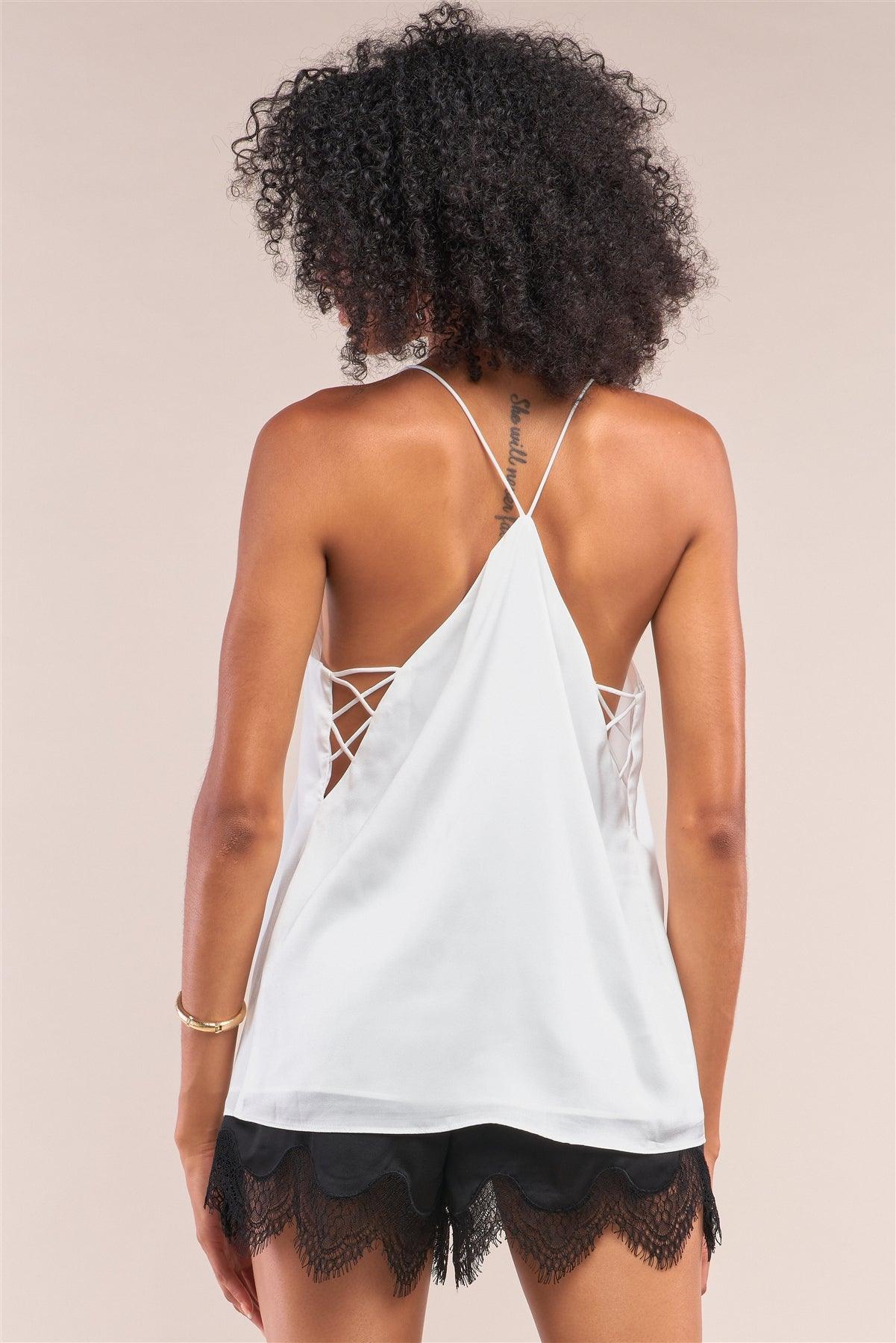 White Sleeveless V-Neck Side Cris Cross Cut-Out Loose Fit Top /1-1-3-1