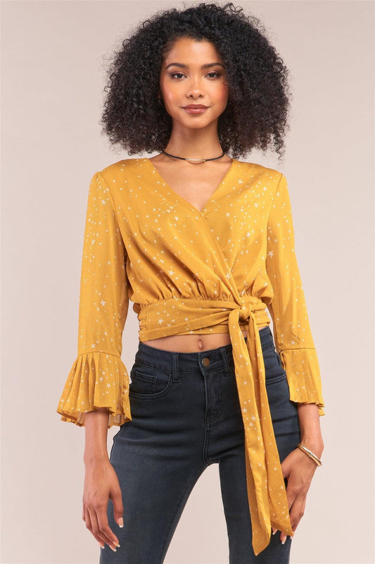 Keep Stargazing Mustard Yellow Star Print V-Neck Wrap Self-Tie Waist Flare Hem Midi Sleeve Cropped Top /1-2-2-1