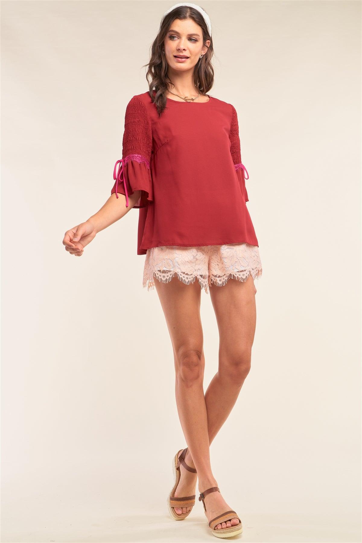 Cherry Red Relaxed Fit Round Neck Flare Hem Smock Midi Sleeve Lace Self-Tie Detail Blouse /1-2-2-1