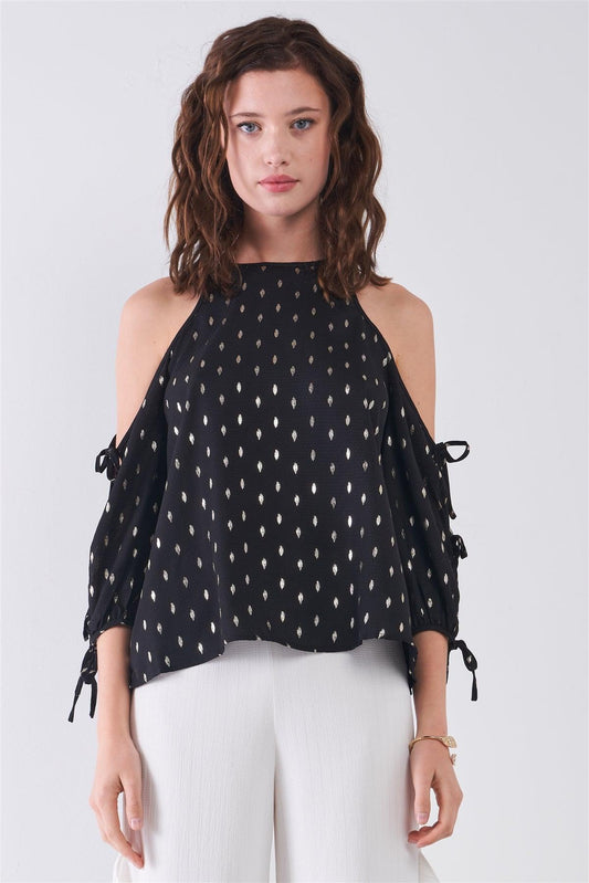 Black & Gold Print Cold Shoulder Detail Round Neck Self-Tie Balloon Sleeve Relaxed Top /2-2-1