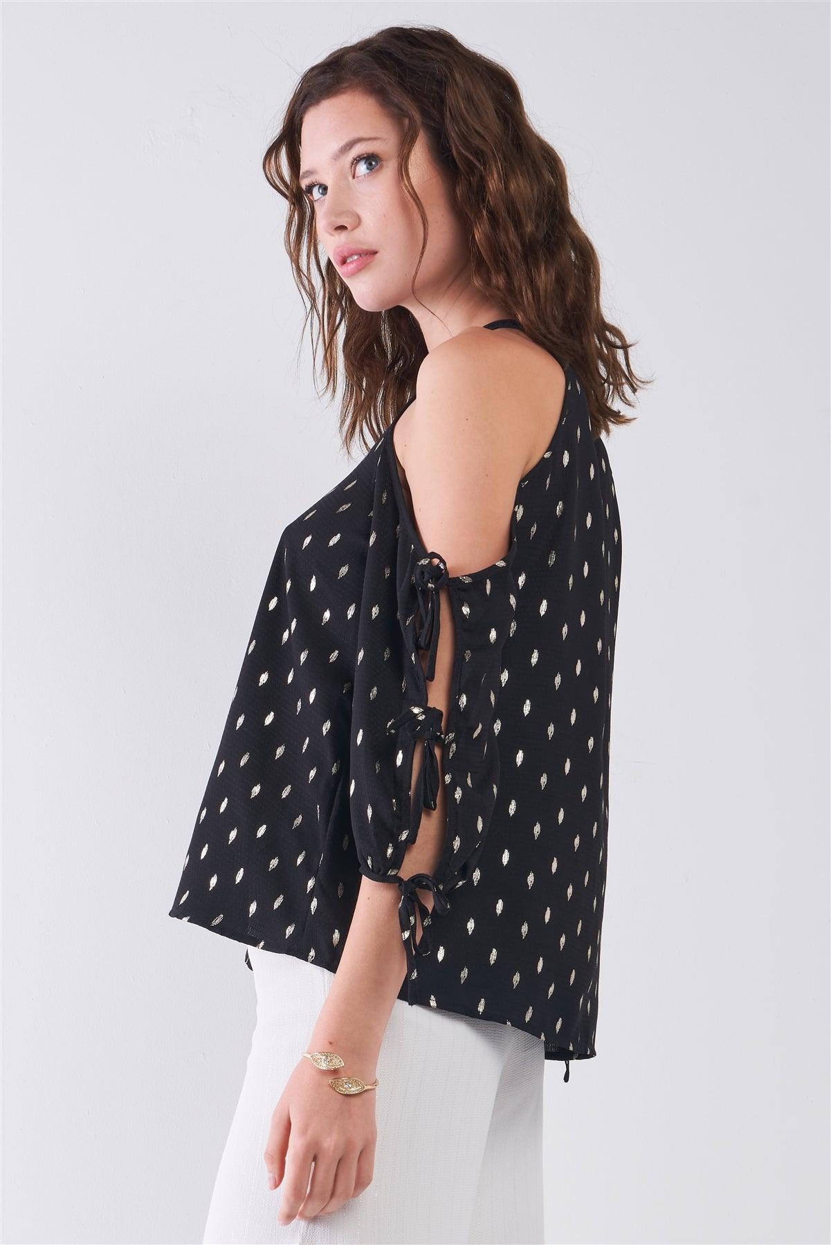 Black & Gold Print Cold Shoulder Detail Round Neck Self-Tie Balloon Sleeve Relaxed Top /2-2-1