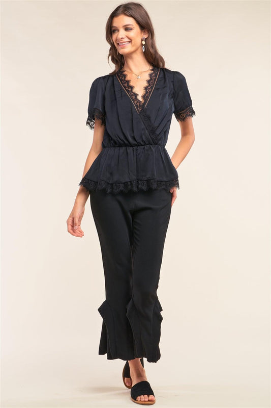 Black Satin Wrap Deep Plunge V-Neck Lace Hem Detail Flare Top /2-2