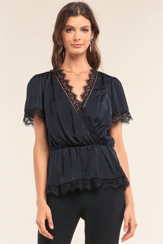 Black Satin Wrap Deep Plunge V-Neck Lace Hem Detail Flare Top /1-2-2-1