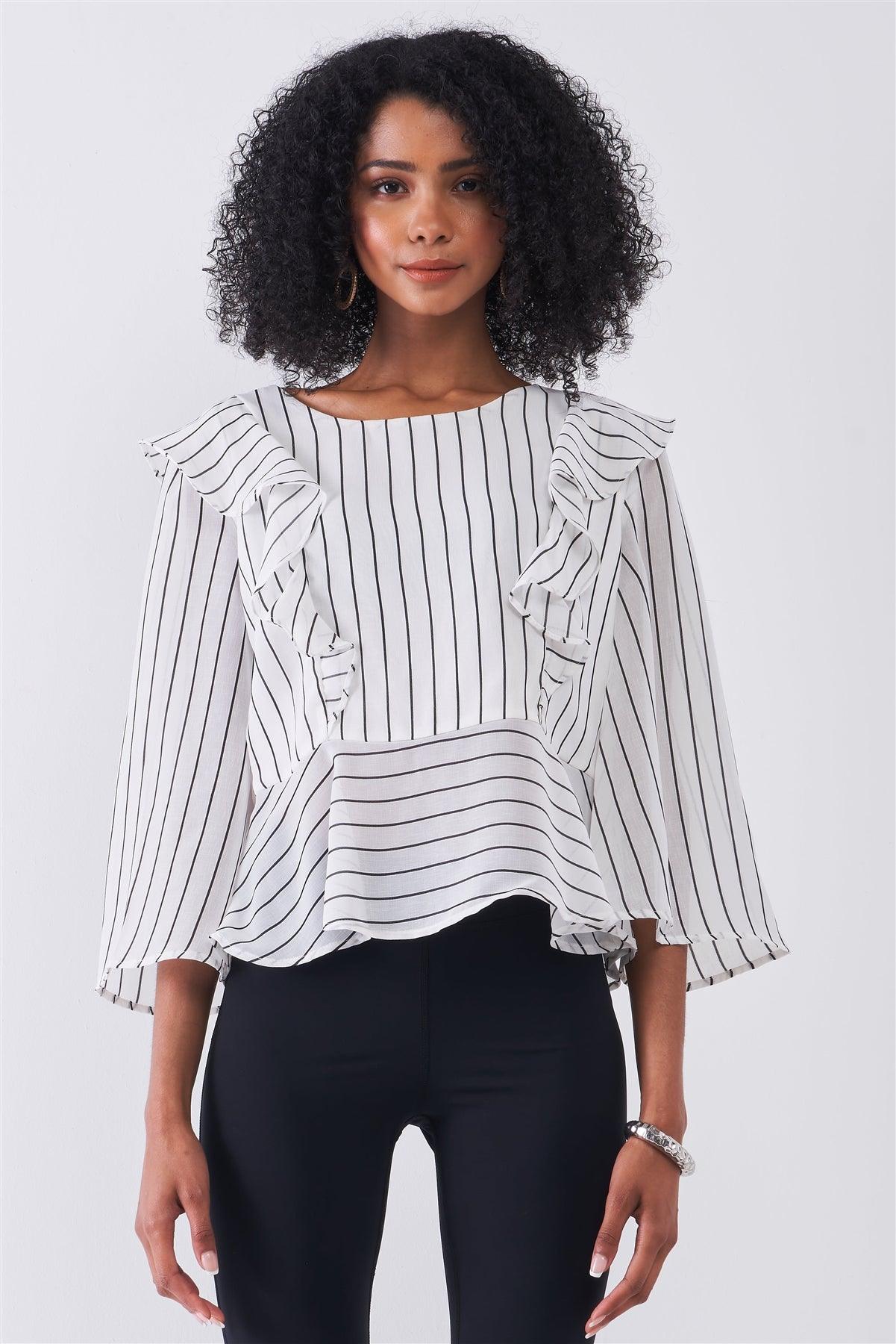 White & Black Pinstriped Ruffle Trim Angel Sleeve Detail Relaxed Blouse /1-2-2-1