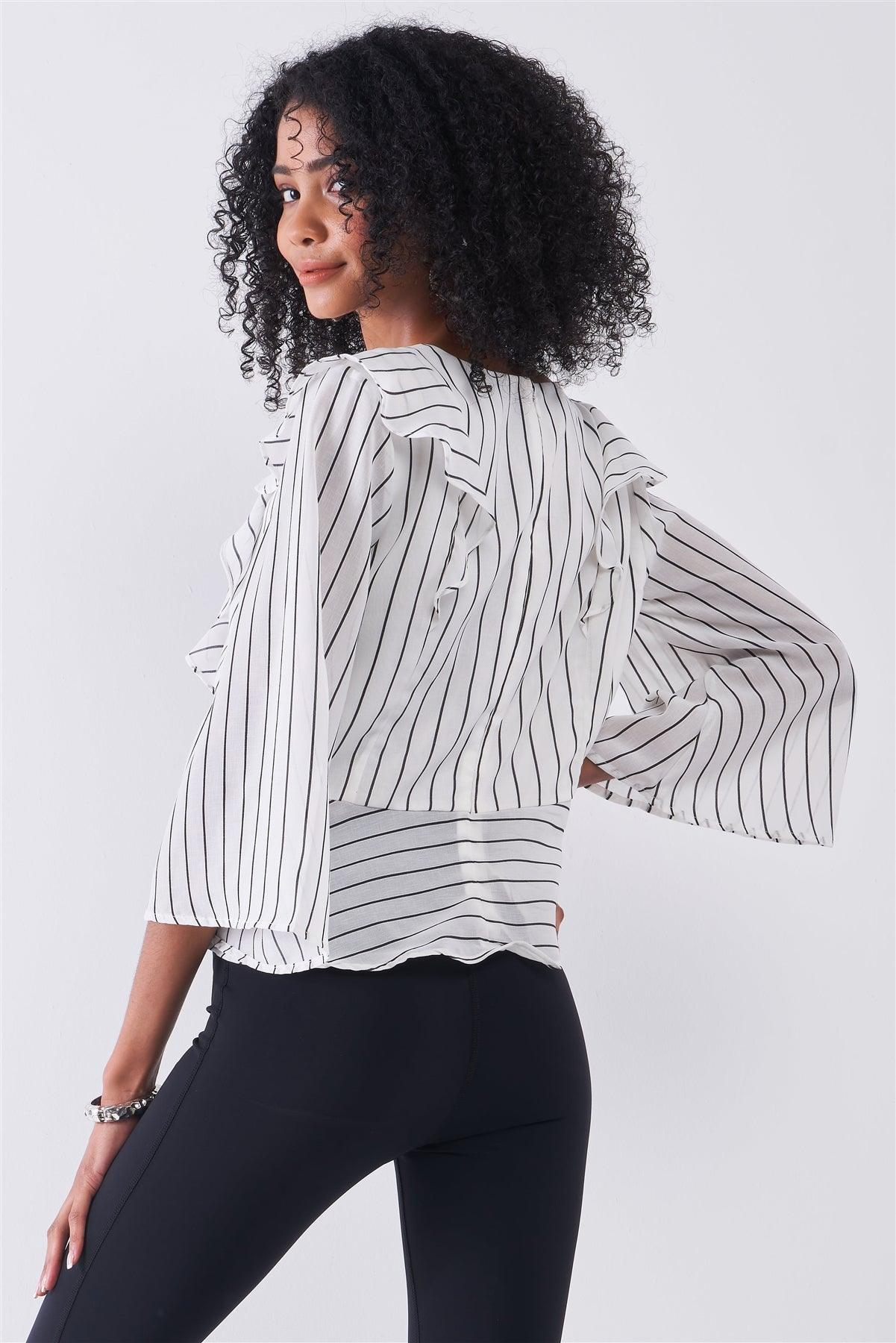 White & Black Pinstriped Ruffle Trim Angel Sleeve Detail Relaxed Blouse /1-2-2-1