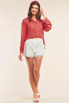 Red Retro Chic Heart Print Relaxed Fit Long Sleeve Criss-Cross Tie Up Detail Button Up Cropped Shirt /1-2-2