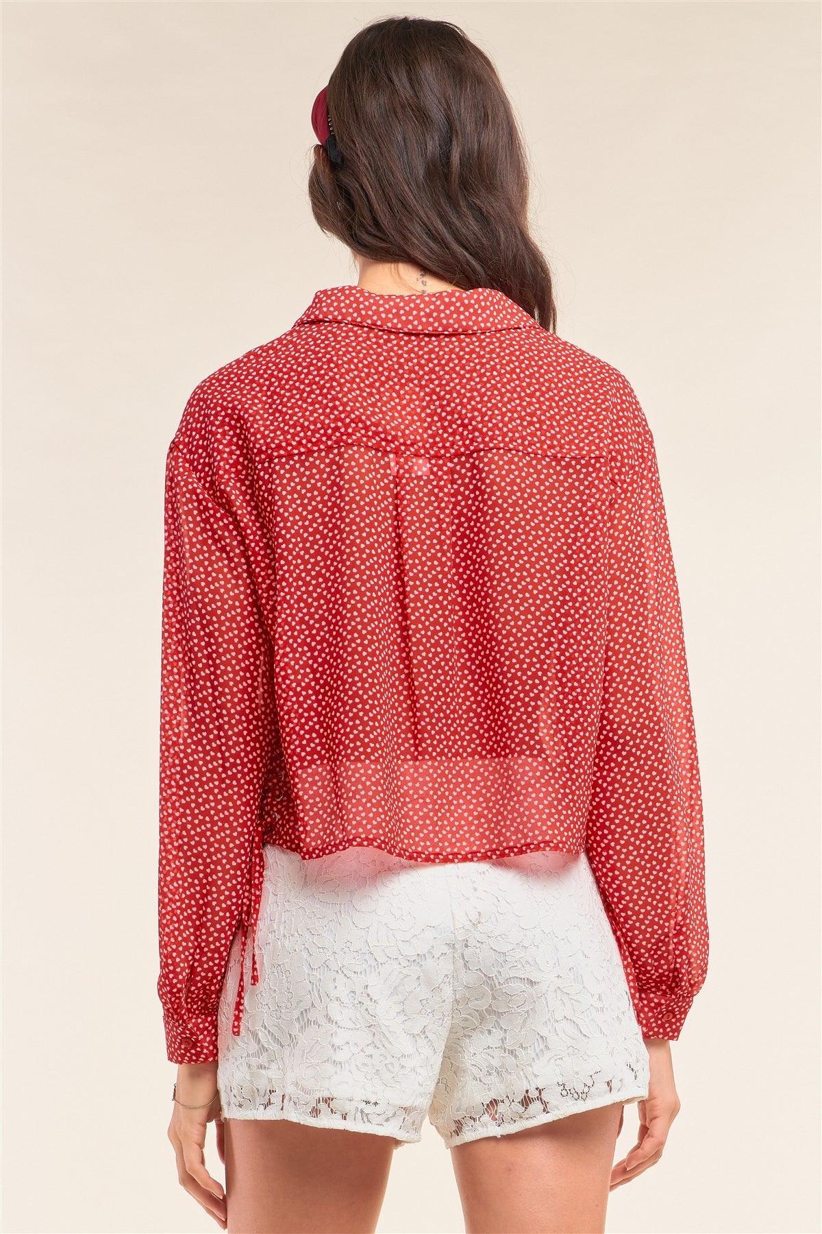 Red Retro Chic Heart Print Relaxed Fit Long Sleeve Criss-Cross Tie Up Detail Button Up Cropped Shirt /1-2-2