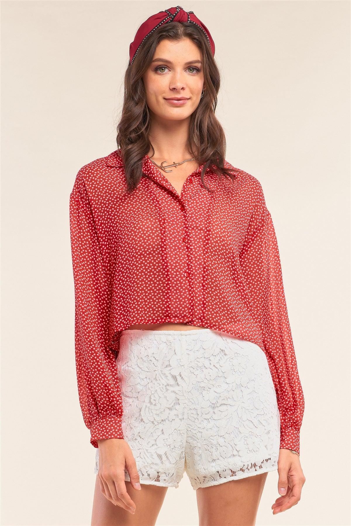 Red Retro Chic Heart Print Relaxed Fit Long Sleeve Criss-Cross Tie Up Detail Button Up Cropped Shirt /1-2-2