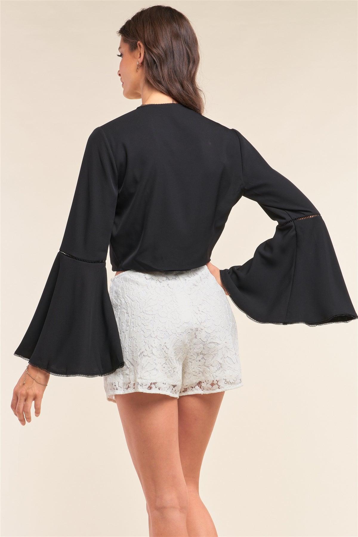 Black Self-Tie Front Long Angel Sleeve Cropped Top /1-2-2-1