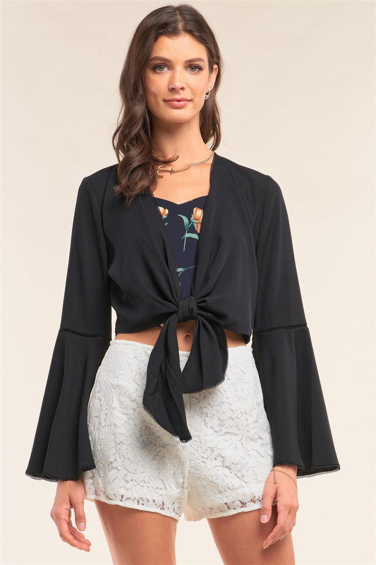 Black Self-Tie Front Long Angel Sleeve Cropped Top