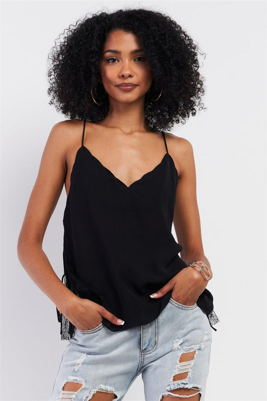 Black Sleeveless Scallop Hem V-Neck Lace Detail Top /1-2-2-1