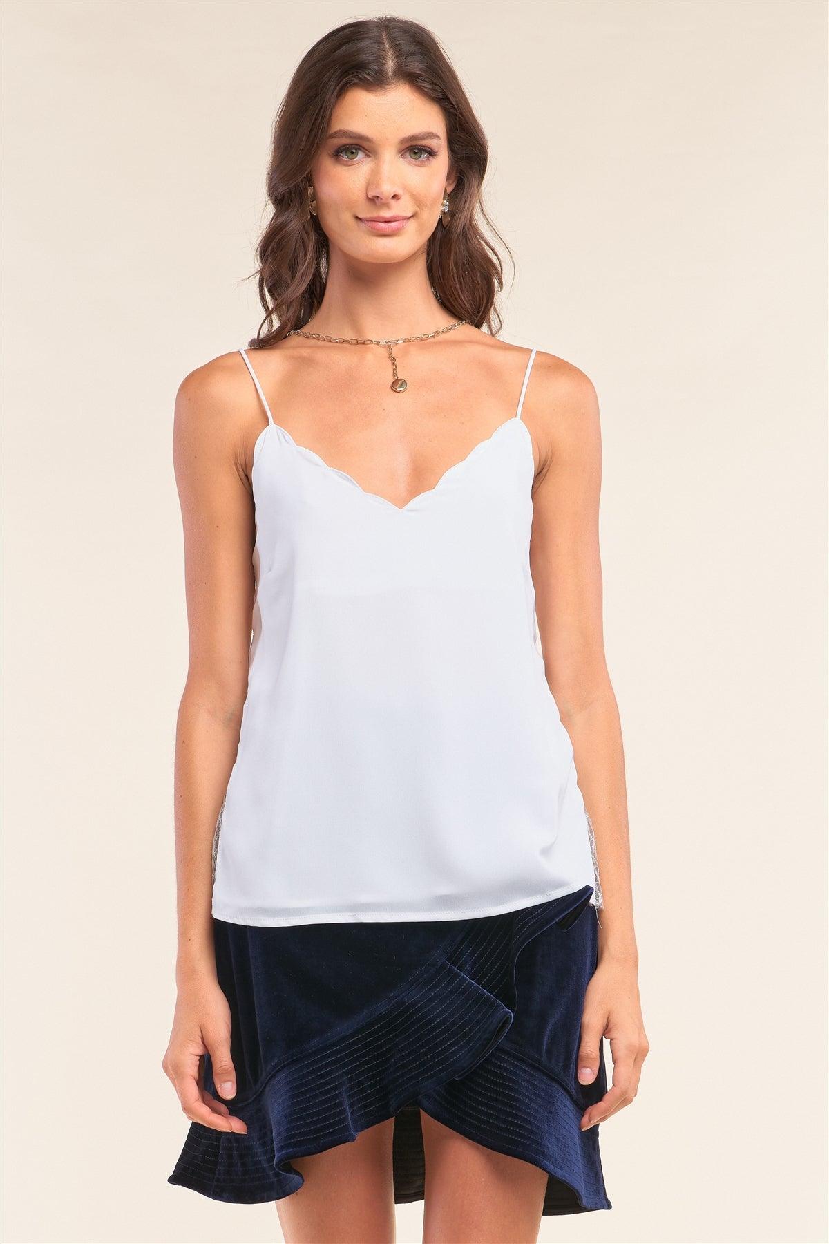 White Sleeveless Scallop Hem V-Neck Lace Detail Top /1-2-2-1