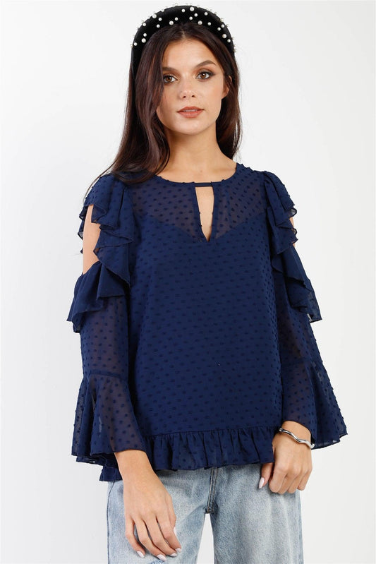 Navy Polka Dot Mesh Ruffle Cut-Out Details Top /1-2-2-1