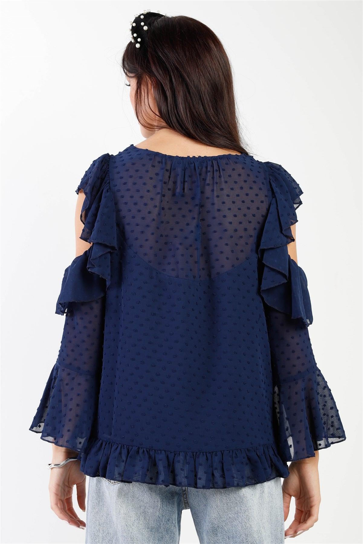 Navy Polka Dot Mesh Ruffle Cut-Out Details Top /1-2-2-1