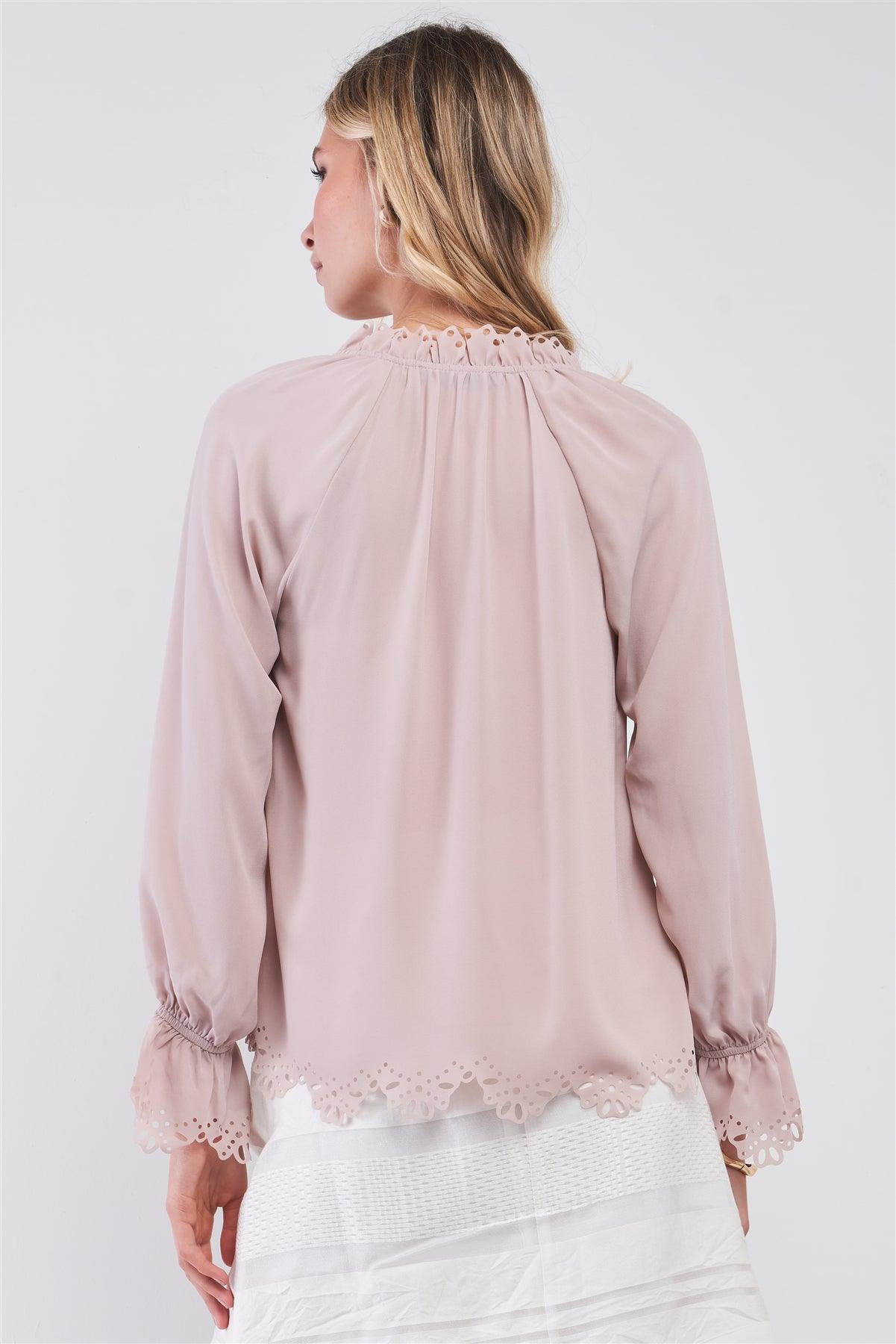 Blush Long Balloon Sleeve Loose Fit Front Draw String Tie Laser Cut Out Flounce Top /2-2-1