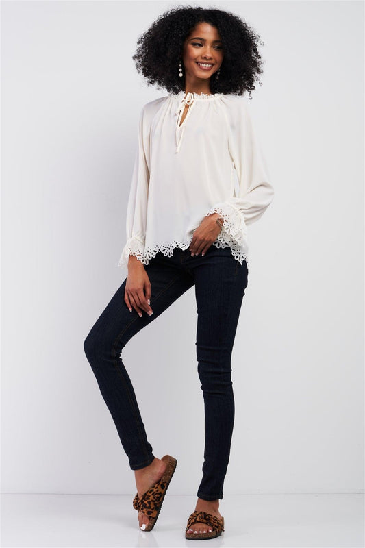 Cream Long Balloon Sleeve Loose Fit Front Draw String Tie Laser Cut Out Flounce Top /2-1-1