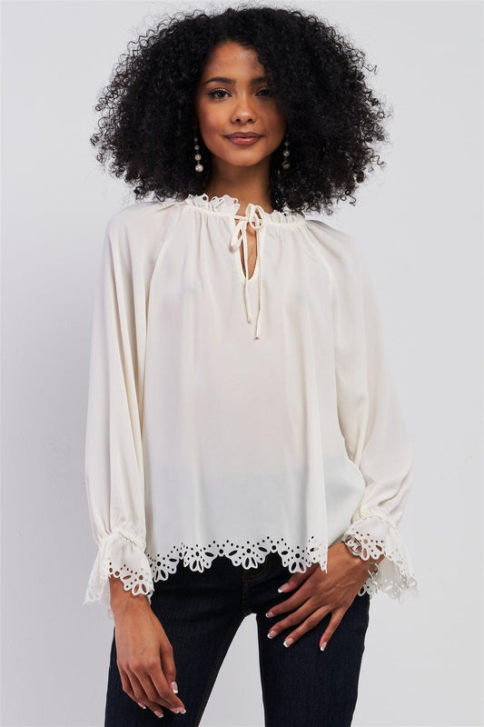 Cream Long Balloon Sleeve Loose Fit Front Draw String Tie Laser Cut Out Flounce Top /1-2-2-1