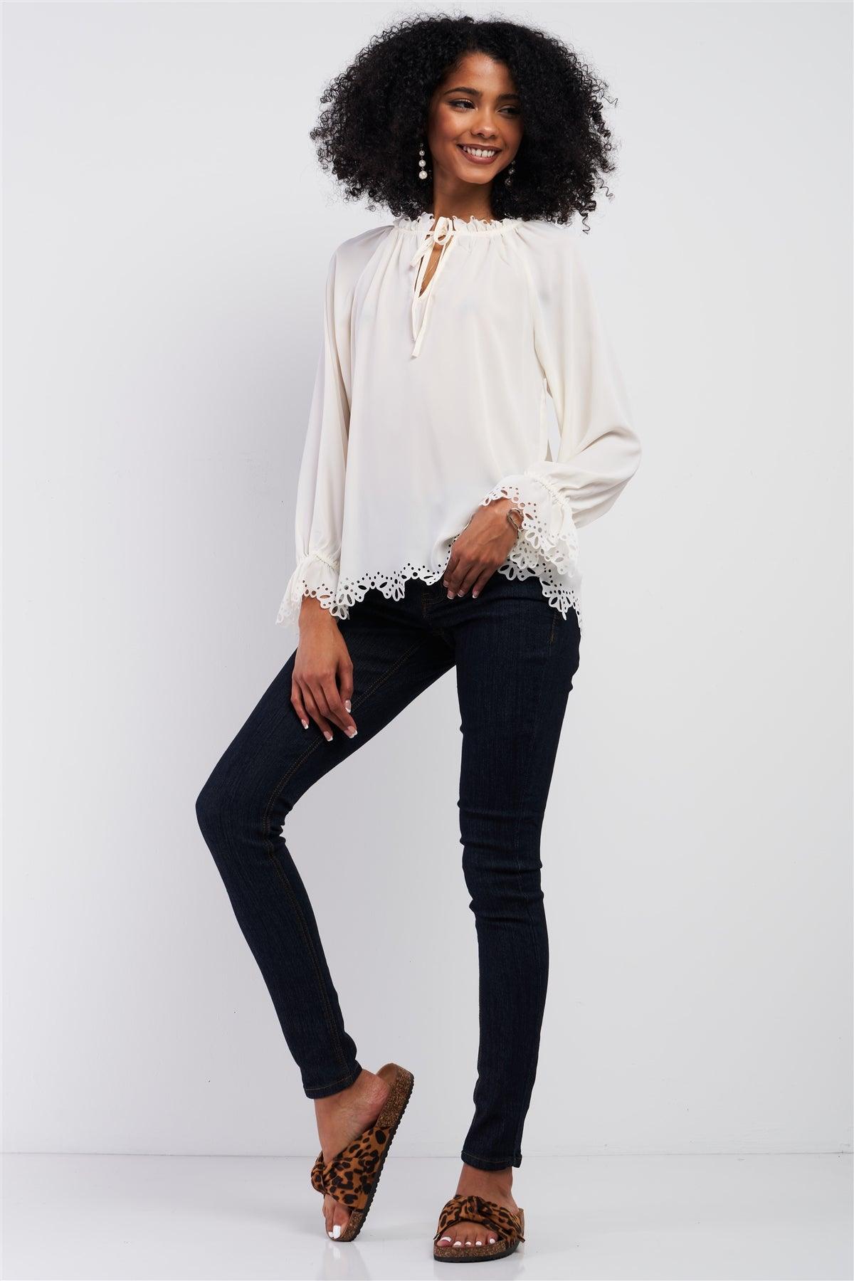 Cream Long Balloon Sleeve Loose Fit Front Draw String Tie Laser Cut Out Flounce Top /1-2-2-1