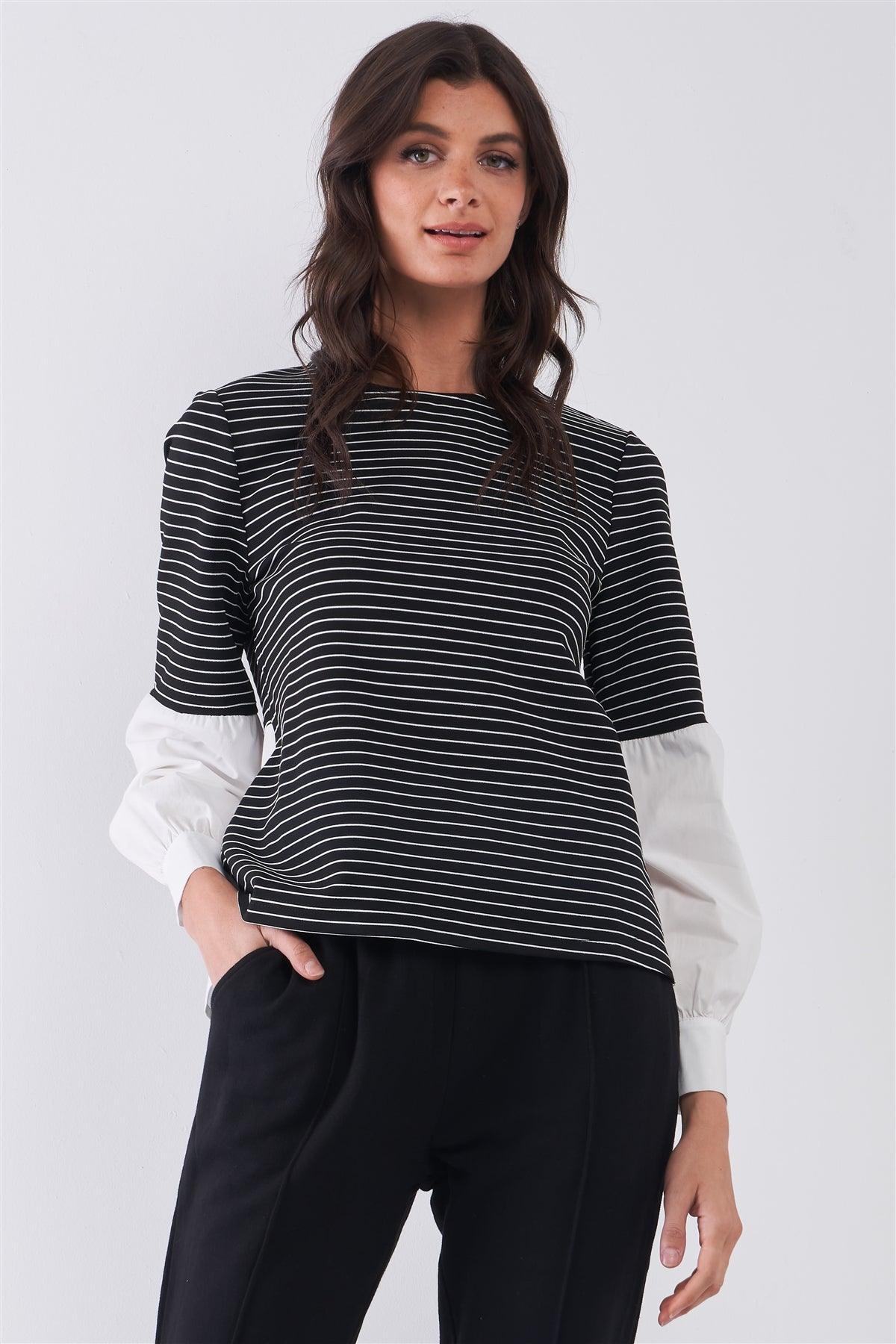 Black & White 2 in 1 Striped High Neck Long Balloon Sleeve Top /1-2-1