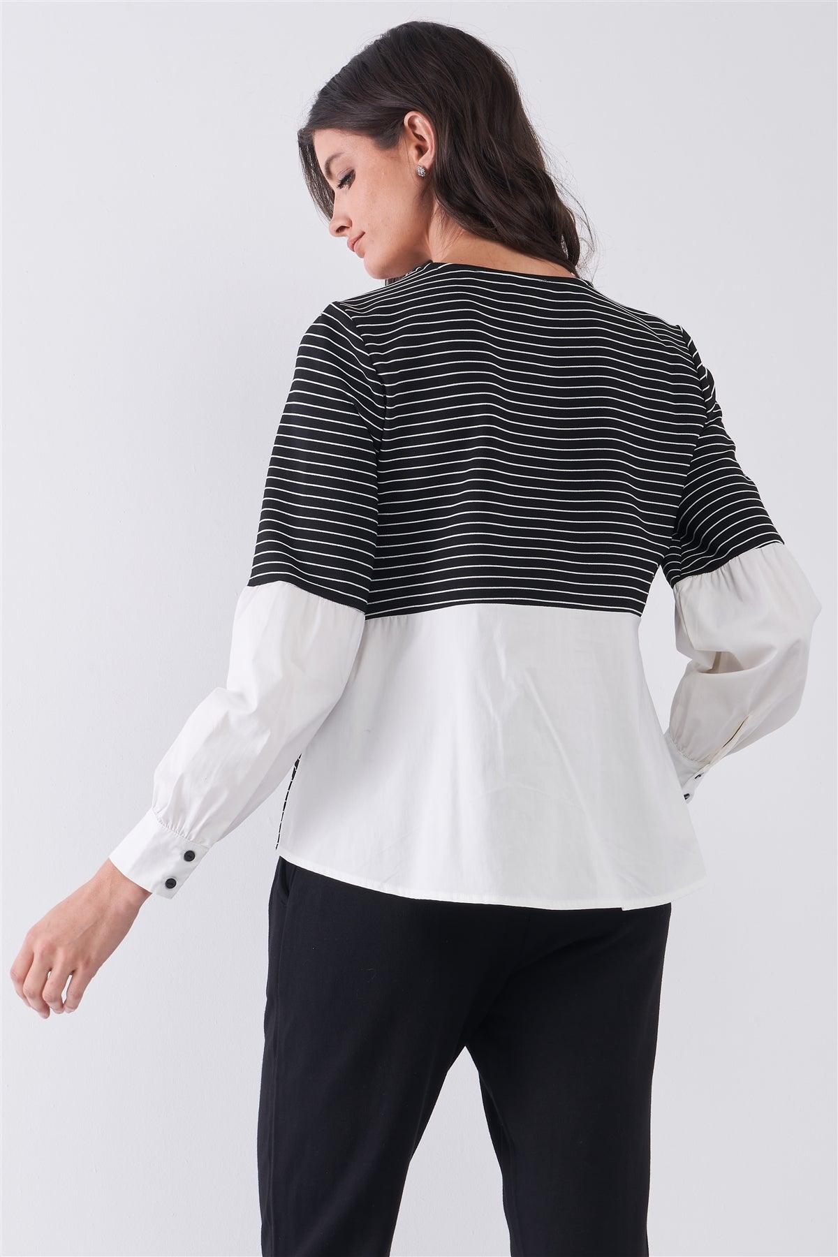 Black & White 2 in 1 Striped High Neck Long Balloon Sleeve Top /1-2-1