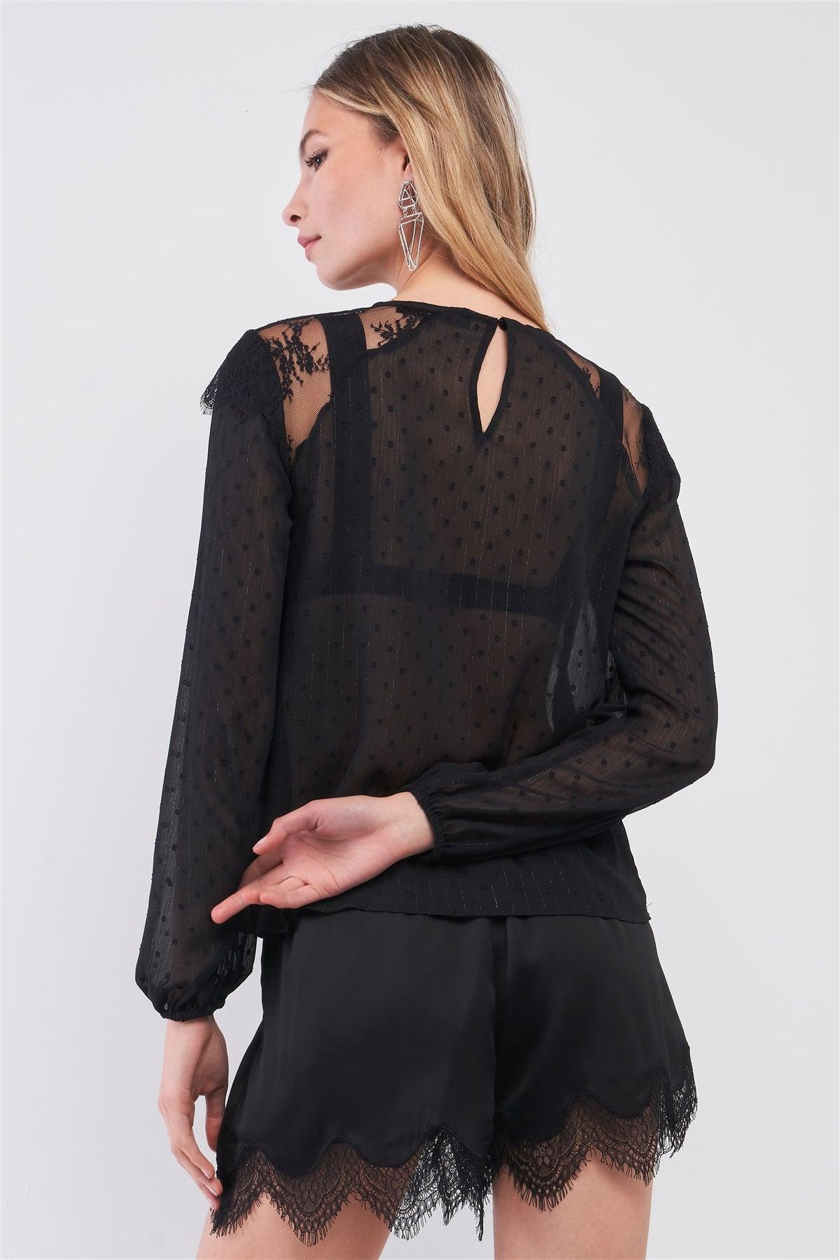 Black Mesh Polka Dot Print Lace Trim Long Sleeve Round Neck Top /1-2-2-1