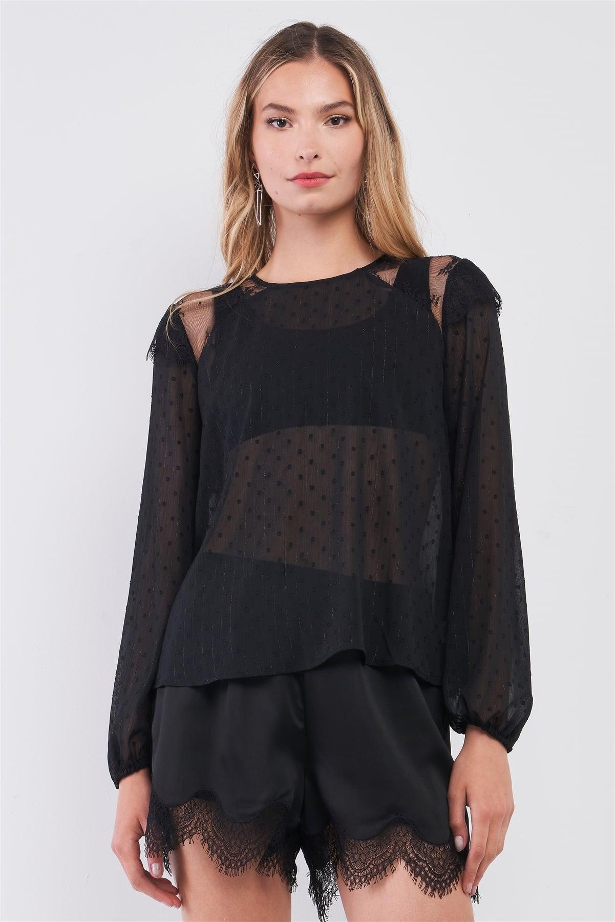 Black Mesh Polka Dot Print Lace Trim Long Sleeve Round Neck Top /1-2-2-1