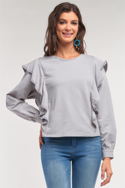 Grey Ruffle Relaxed Long Sleeve Round Neck Crochet Hem Detail Sweater /1-2-2-1