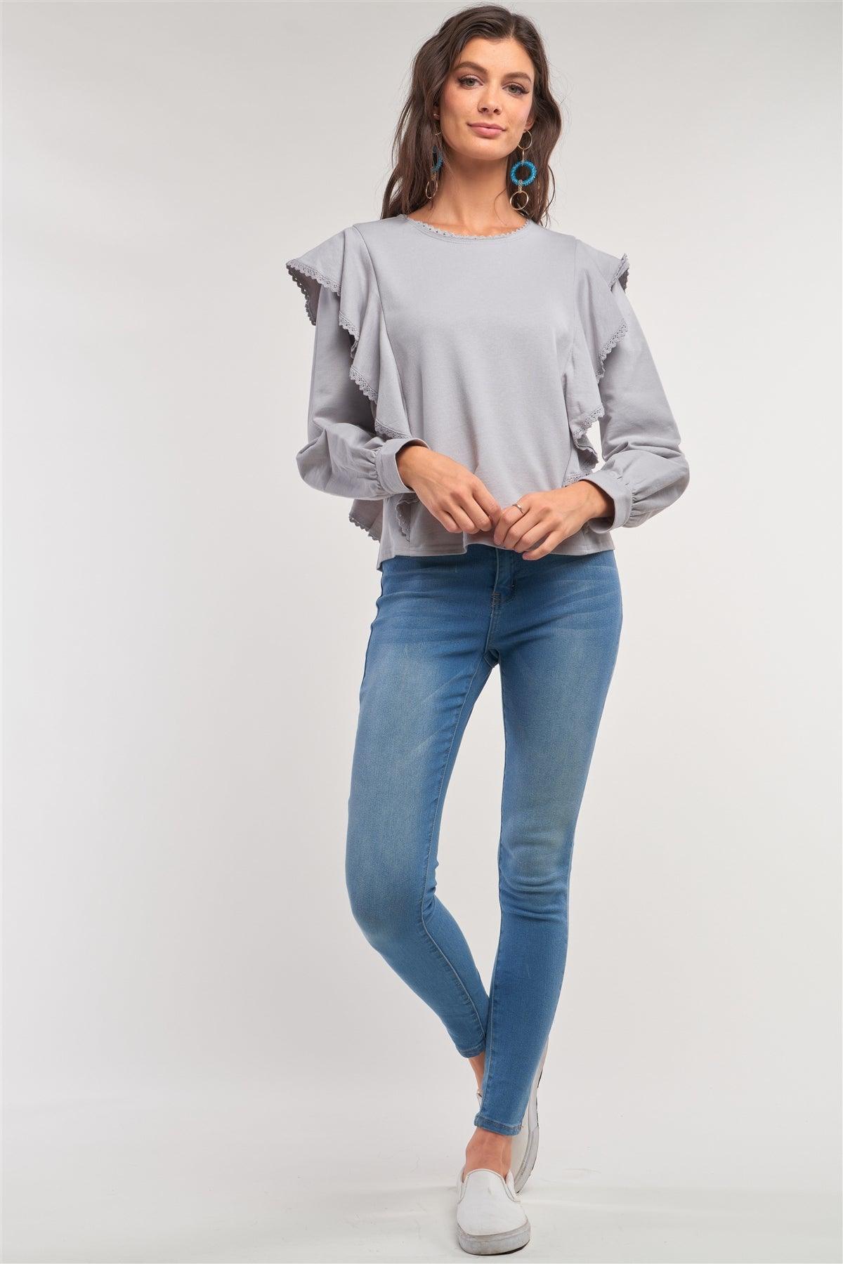 Grey Ruffle Relaxed Long Sleeve Round Neck Crochet Hem Detail Sweater /1-2-2-1