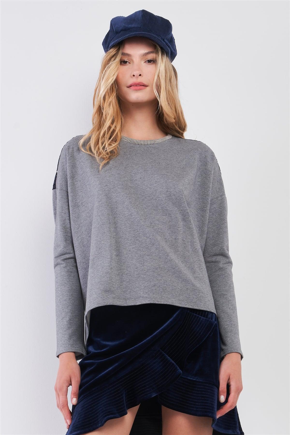 Grey & Navy Crochet Lace Combo Long Sleeve Round Neck Sweatshirt Top /1-2-2-1