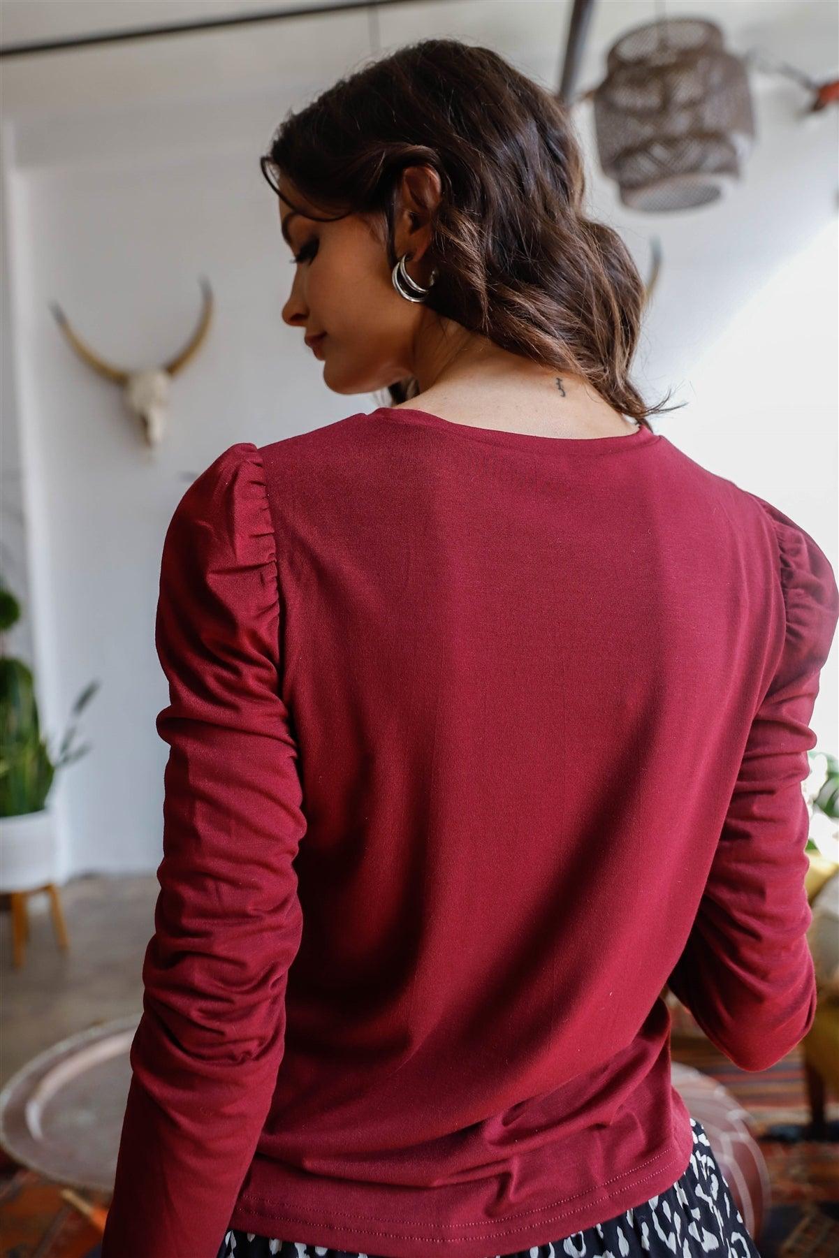 Burgundy Solid Gigot Puff Long Sleeve Top /1-2-2-1