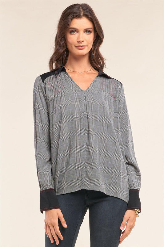 Black Checkered Pleated Shoulder Satin Cut-Ins Red Stitching Detail Long Sleeve V-Neck Relaxed Fit Blouse /1-2-2-1