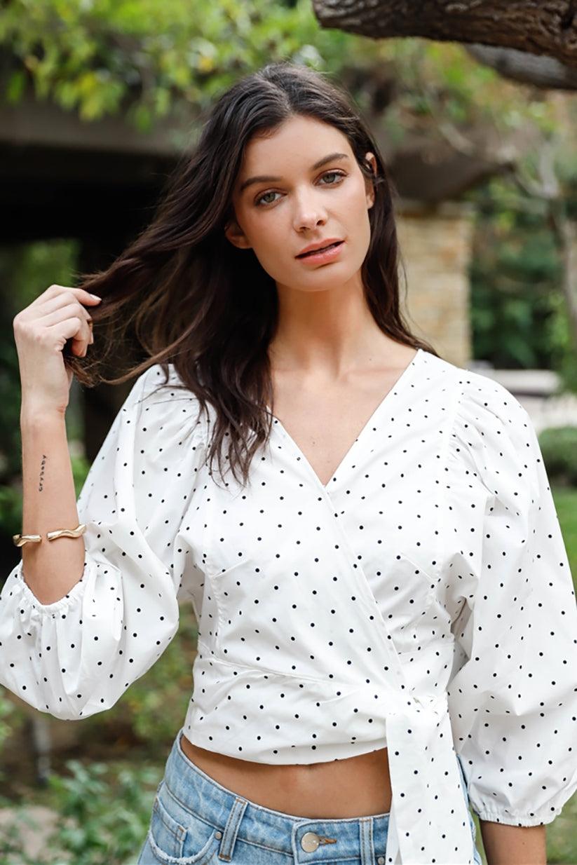 White & Black Polka Dot Balloon Sleeve Self Tie Crop Top