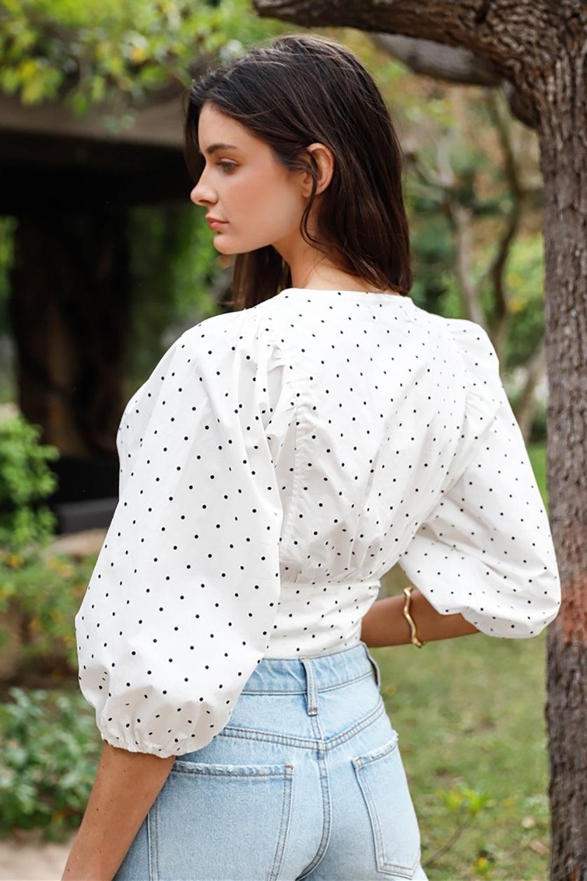 White & Black Polka Dot Balloon Sleeve Self Tie Crop Top