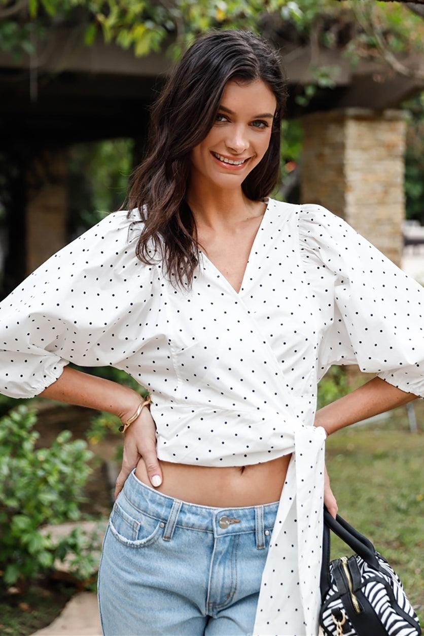 White & Black Polka Dot Balloon Sleeve Self Tie Crop Top