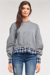 Grey Preppy Style Mock Shirt Checkered Flannel Hem Slit Sleeve Detail Sweater /1-2-2-1