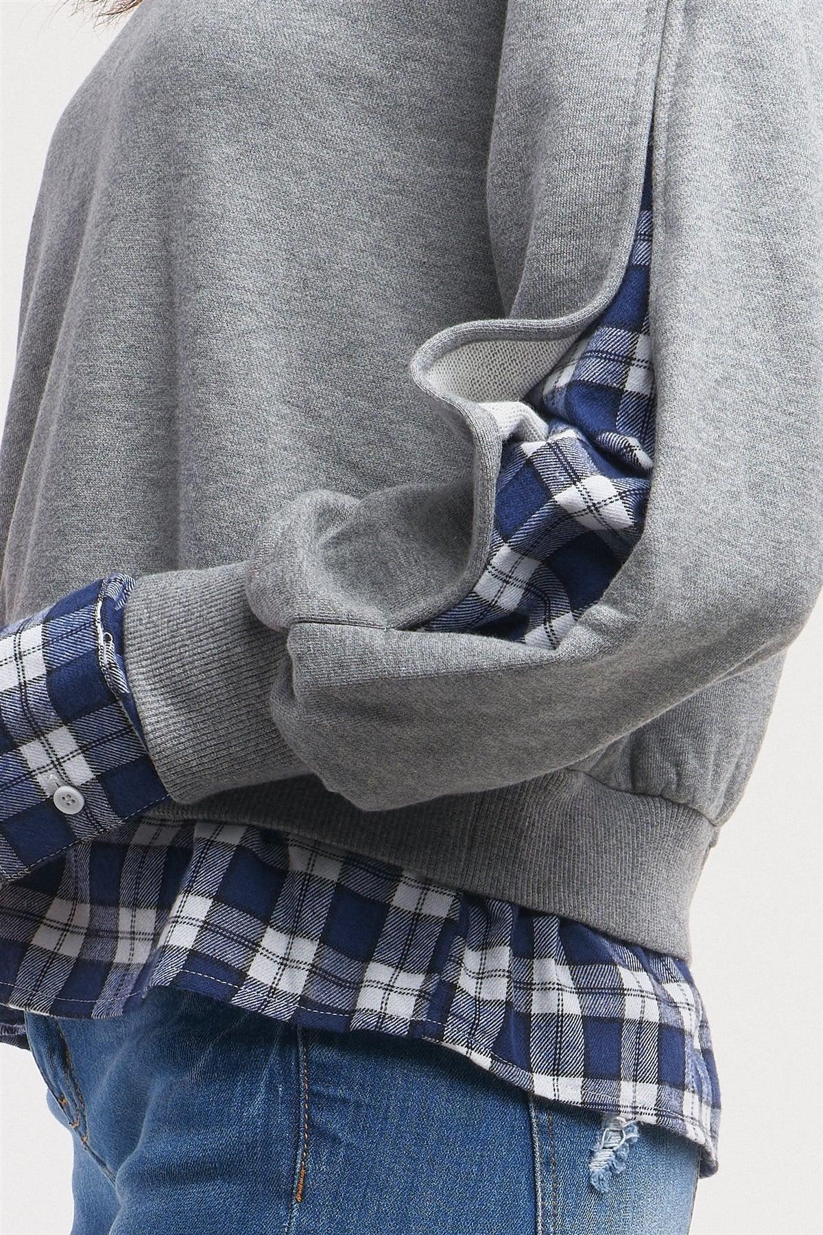 Grey Preppy Style Mock Shirt Checkered Flannel Hem Slit Sleeve Detail Sweater /1-2-2-1