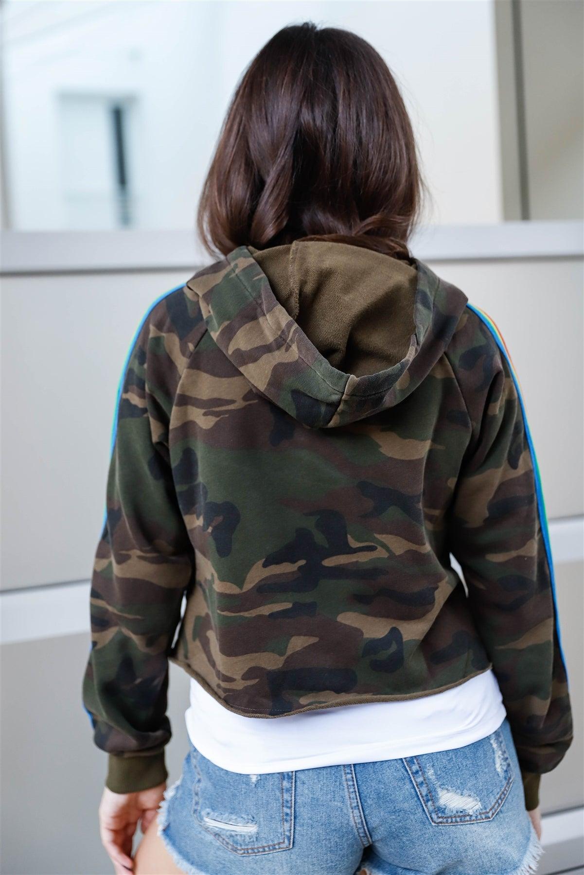 Camel & Olive Cotton Camo Rainbow Sleeve Detail Hooded Sweatshirt /1-2-2-1