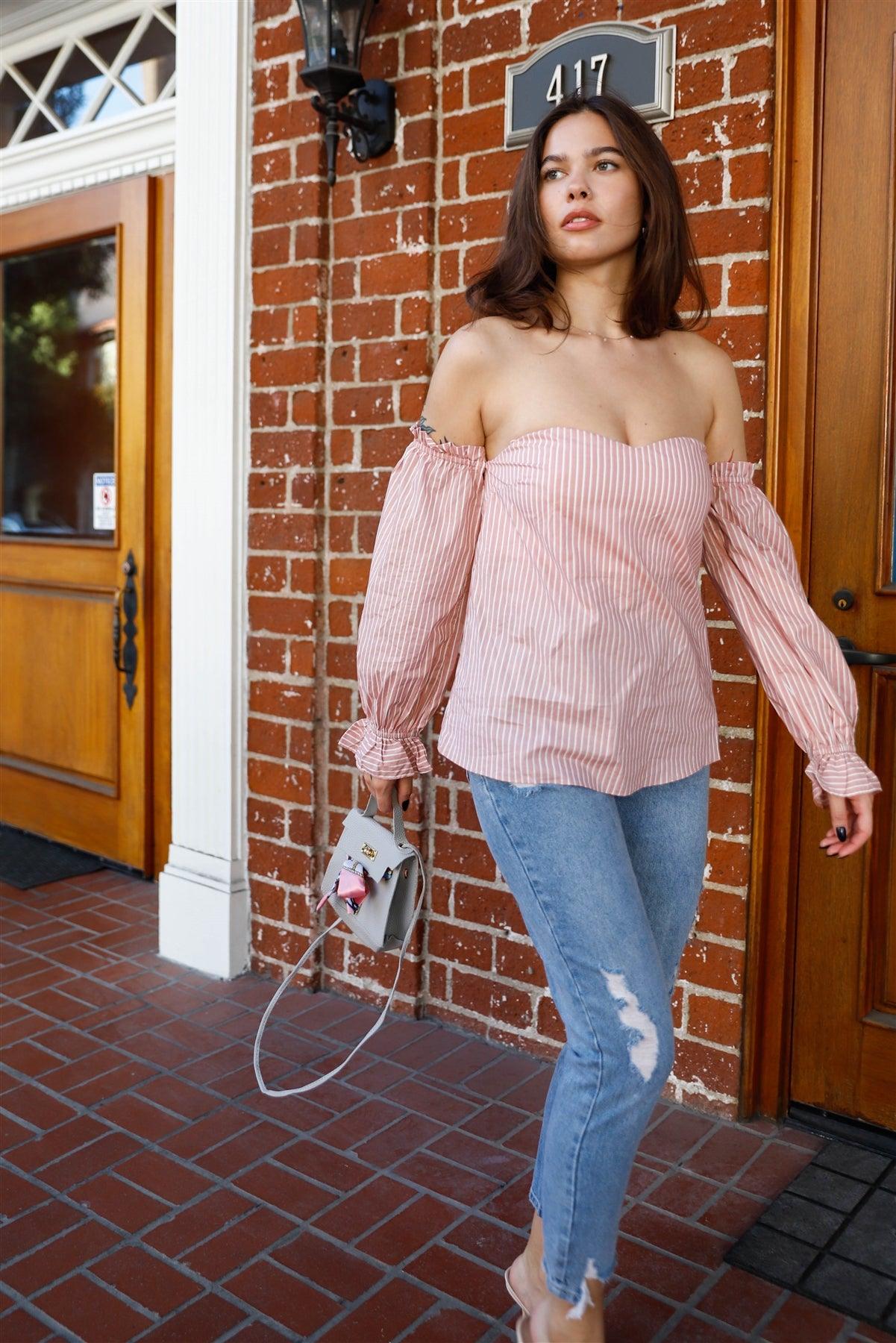 Pink Striped Cotton Off-The-Shoulder Ruffle Trim Balloon Long Sleeve Top /1-2-2-1