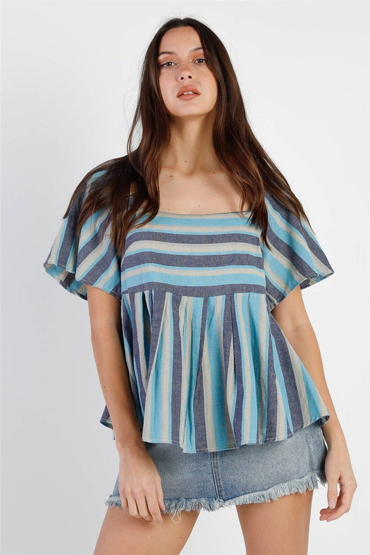 Blue Stripe Square Neck Flare Sleeve & Hem Top /1-2-2-1