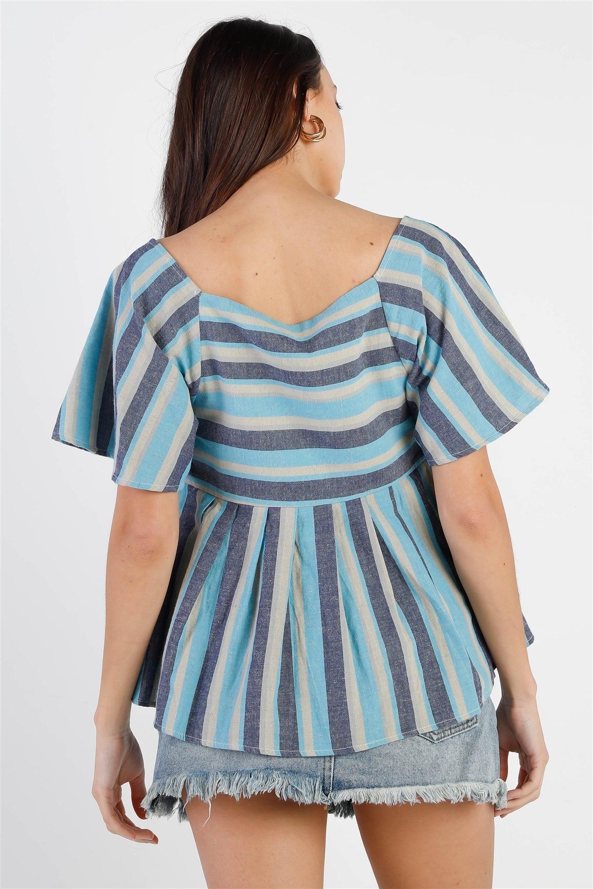 Blue Stripe Square Neck Flare Sleeve & Hem Top /1-2-2-1