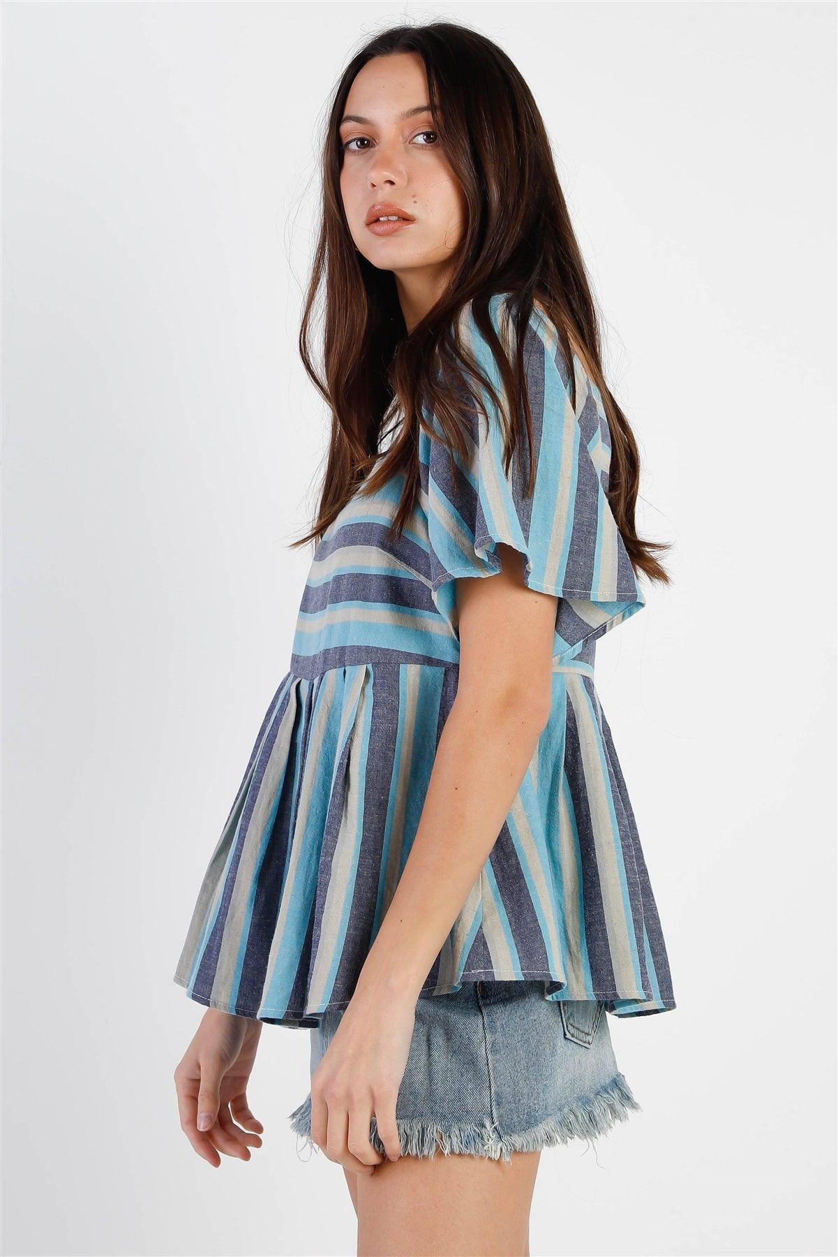 Blue Stripe Square Neck Flare Sleeve & Hem Top /1-2-2-1