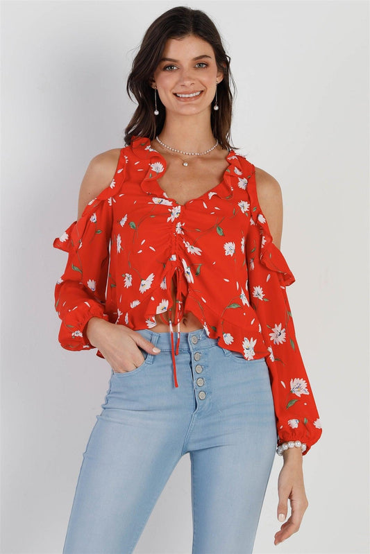 Tomato Red Flower Print Off-The-Shoulder Ruffle Trim Ruched Front Detail Crop Top /1-2-2