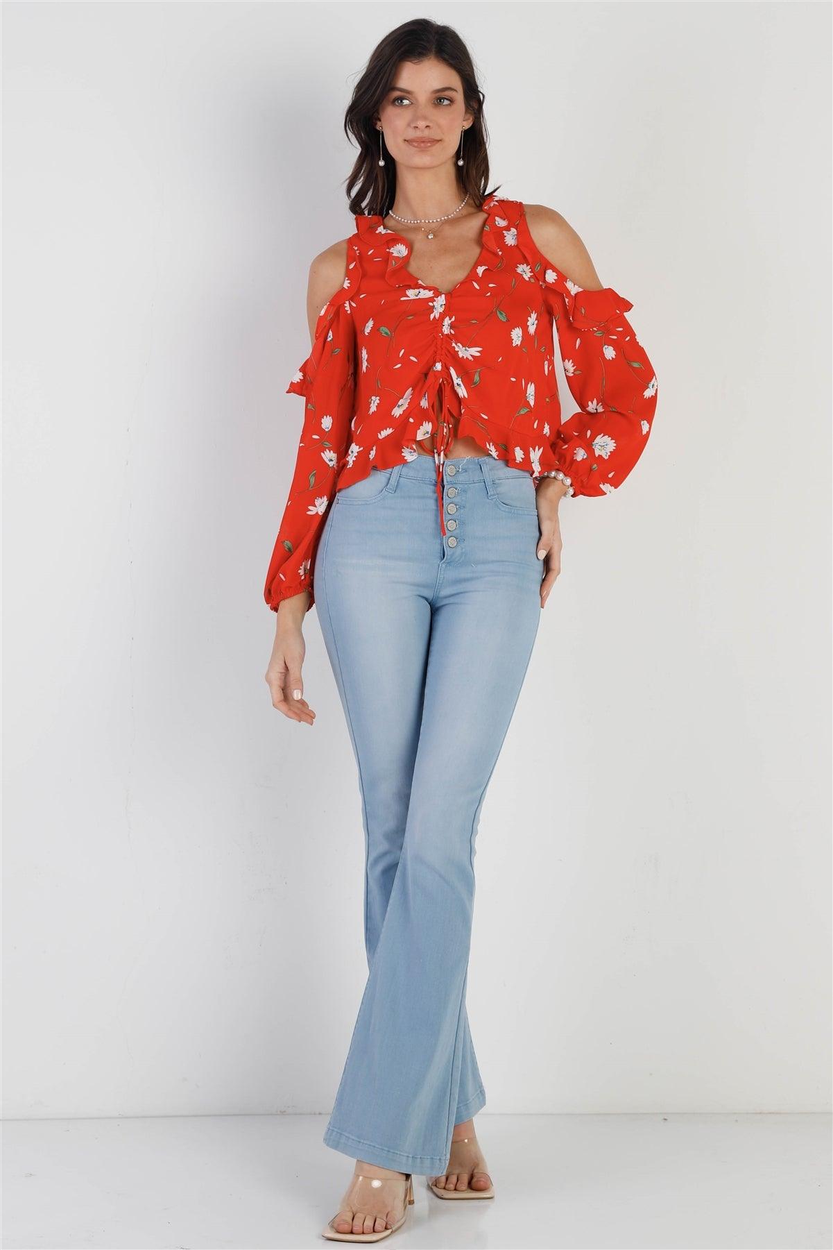 Tomato Red Flower Print Off-The-Shoulder Ruffle Trim Ruched Front Detail Crop Top /1-2-2